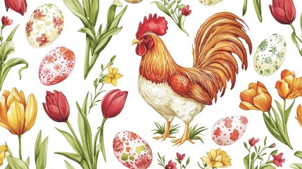 Wall Mural - Chicken pattern. Hand drawn art bird. Spring easter background. Graphic eggs, tulips and rooster, prints for package seamless texture