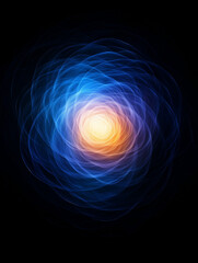 Wall Mural - cosmic bloom: a mesmerizing abstract swirl of blue and orange light against a deep black background,