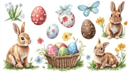 Wall Mural - Happy Easter. Vector set of cute illustration. Painted eggs, rabbits, flowers, a basket, a chocolate hare, cakes. Design elements for card, poster, flyer and other use.