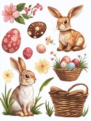 Wall Mural - Happy Easter. Vector set of cute illustration. Painted eggs, rabbits, flowers, a basket, a chocolate hare, cakes. Design elements for card, poster, flyer and other use.