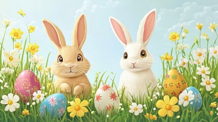 Wall Mural - Cartoon easter bunny. Rabbit hiding, bunnies with eggs and flowers. Cute springtime characters, hare painted and chicken. Seasonal holidays decent vector animals