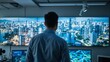 © GMeta - Man in button up shirt faces digital screens with futuristic cityscapes in modern tech office