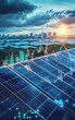 © pjjaruwan - A concept image of a stock market board filled with solar energy investment trends, set against a backdrop of solar farms and ecofriendly infrastructure