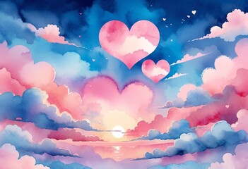 Wall Mural - Heart-shaped clouds in pink and blue, fantasy sky with dreamy sunset light. Romantic illustration for Valentine's Day