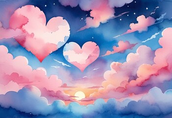 Poster - Heart-shaped clouds in pink and blue, fantasy sky with dreamy sunset light. Romantic illustration for Valentine's Day