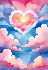 Poster - Heart-shaped clouds in pink and blue, fantasy sky with dreamy sunset light. Romantic illustration for Valentine's Day