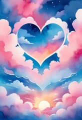 Poster - Heart-shaped clouds in pink and blue, fantasy sky with dreamy sunset light. Romantic illustration for Valentine's Day
