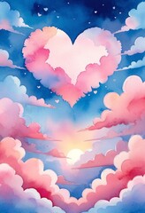 Poster - Heart-shaped clouds in pink and blue, fantasy sky with dreamy sunset light. Romantic illustration for Valentine's Day