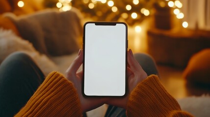 Wall Mural - woman wearing an orange sweater is relaxing at home during christmas holidays, holding a smartphone 