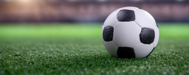 Soccer Ball on Green Field Close-up Composition, Stadium Background, Sport Concept, football, soccer football, soccer