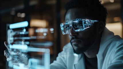 Futuristic Technologist Interacting with Holographic Interface