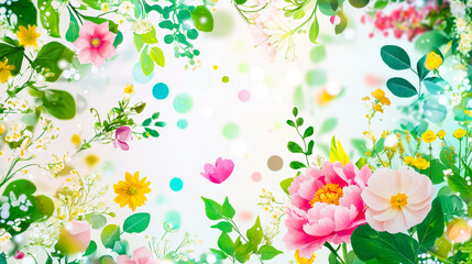 Poster - Colorful floral design with various flowers and leaves creating a vibrant background in spring
