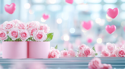 Aufkleber - Beautiful pink roses in elegant packaging surrounded by floating hearts in a bright, dreamy setting