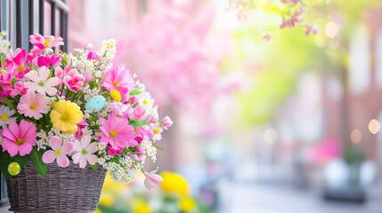 Poster - A basket filled with pink and yellow flowers on a balcony railing with a soft-focus city street in the background.