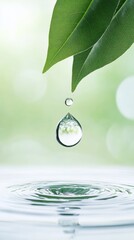 Poster - Crystal clear water droplet falling from a vibrant green leaf into a body of still water, creating concentric ripples and reflecting the surrounding environment in its transparent surface