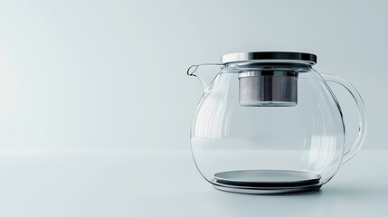 A clear glass tea pot with a mesh strainer inside