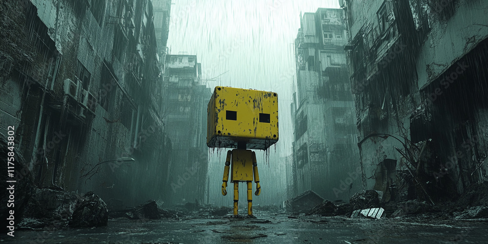 Yellow robot in a dystopian rainy city alley with abandoned buildings ...