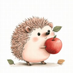 Poster - Cute hedgehog holds a red apple in a whimsical illustration with leaves around in a playful setting. Generative AI