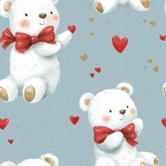 Poster - Cute white teddy bears with red bows and hearts on a light blue background create a playful and cheerful pattern for children. Generative AI
