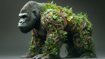 Wall Mural - A majestic gorilla built from robust wooden roots and vines, with small patches of moss and sprouting leaves on its broad shoulders, isolated on a solid dark grey background. 