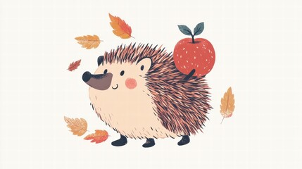Poster - Cute hedgehog carrying an apple among autumn leaves in a playful illustration suitable for children. Generative AI