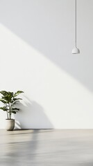 Poster - Sunlight streaming through a window fills an empty room featuring a white wall, a hanging lamp, and a potted plant, casting soft shadows across the gray floor