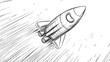 © Luiri Art - Cartoon rocket flying at high speed with motion lines behind it, drawn in black and white sketch style, angled upward in dynamic motion