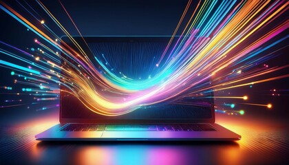 Wall Mural - laptop is transferring data with abstract light trails coming out of the screen