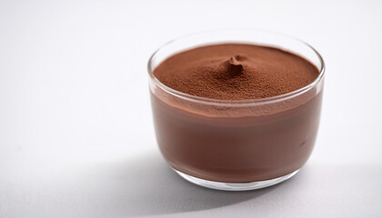 Wall Mural - Chocolate mousse in glass cup. Sweet food. Tasty treat. Yummy dessert. White background.