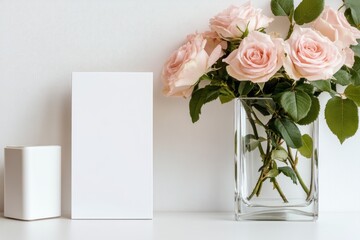 Sticker - Blank card mockup with pink roses in glass vase.