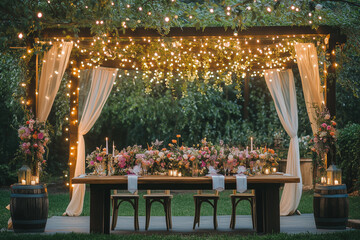 Wall Mural - A garden party setup with a floral canopy, string lights, and a table decorated with blooming arrangements