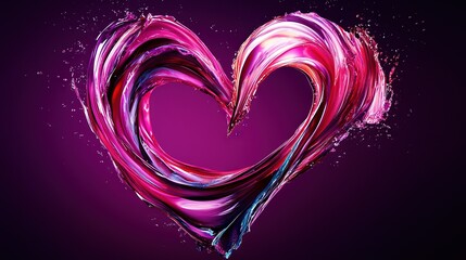   A pink and blue heart-shaped object on a purple background with a splash of paint in the form of a wave