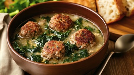 Wall Mural - Hearty winter meal with meatball and kale soup for cozy dining experience