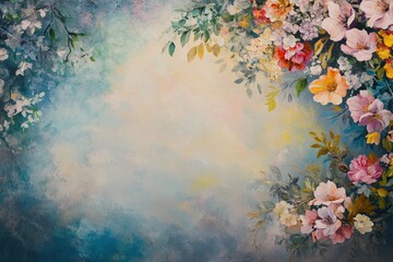 Wall Mural - Floral backdrop with pastel flowers and blue background.