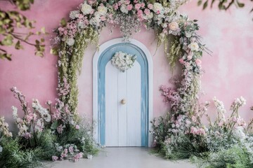 Wall Mural - Floral archway framing a whimsical blue and white door against a pink wall.