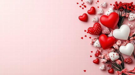 A creative and joyful Valentine's Day composition of hearts on a pink background, representing love and happiness.