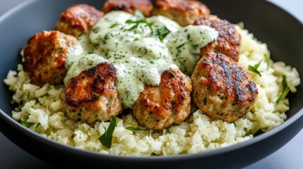 Wall Mural - Delicious chicken meatballs with cauliflower rice and creamy herb sauce for healthy dining