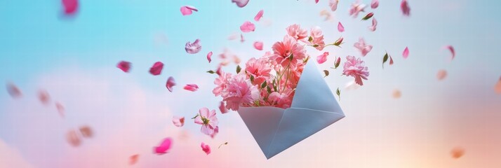 Aufkleber - Flowers burst from an envelope, creating a vibrant display in a dreamy sky. Generative AI