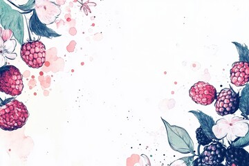 Leinwandbilder - Hand drawn doodle featuring raspberries and flowers with watercolor splashes on a light background. Generative AI