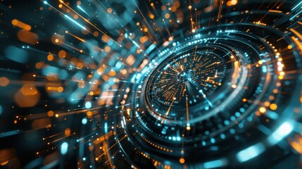 Wall Mural - abstract futuristic technology: a circular interface with radiating light trails and bokeh effects