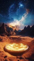 Wall Mural - Ethereal Landscape Featuring a Celestial Vortex Under a Starry Sky Illuminated by a Radiant Glow Amidst Majestic Mountain Peaks in a Dreamlike Setting