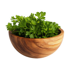 Wall Mural - Fresh parsley leaves arranged beautifully in a wooden bowl on a clean transparent background for culinary presentation, Parsley leaves in wood bowl isolated on transparent background