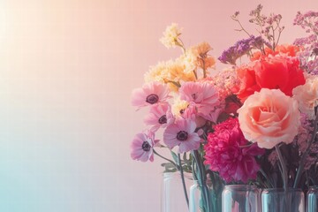 Aufkleber - Colorful floral arrangement in glass jars showcasing spring blooms in pastel tones. Generative AI