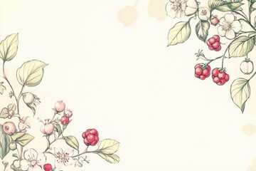 Aufkleber - Beautiful hand drawn doodle featuring floral designs with berries and blossoms in a light pastel background. Generative AI