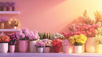 Poster - Colorful display of blooming flowers in various pots against a warm pastel backdrop during golden hour. Generative AI