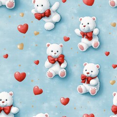 Poster - Cute winter pattern with teddy bears and hearts on light blue background perfect for festive decor or childrens clothing. Generative AI