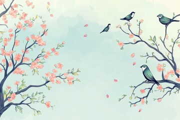 Aufkleber - Colorful hand drawn doodle of birds resting on whimsical branches with blossoms and falling petals in a serene atmosphere. Generative AI