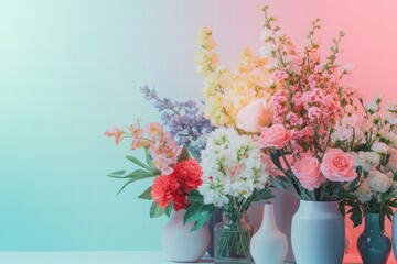 Poster - Vibrant floral arrangement featuring assorted blooms in decorative vases on a pastel background. Generative AI