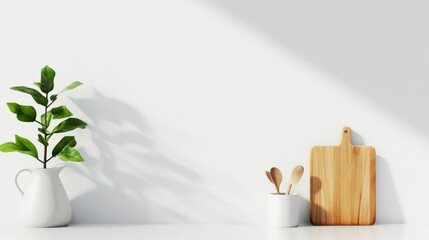 Fototapete - Minimalist kitchen counter featuring a plant in a white vase, a cutting board, and wooden spoons in a white container, bathed in sunlight casting shadows on a white wall