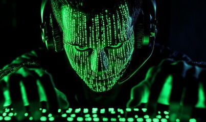 Cybersecurity expert in a dark room, green digital code reflecting on their face, determined expression, holding a keyboard and headset on desk,